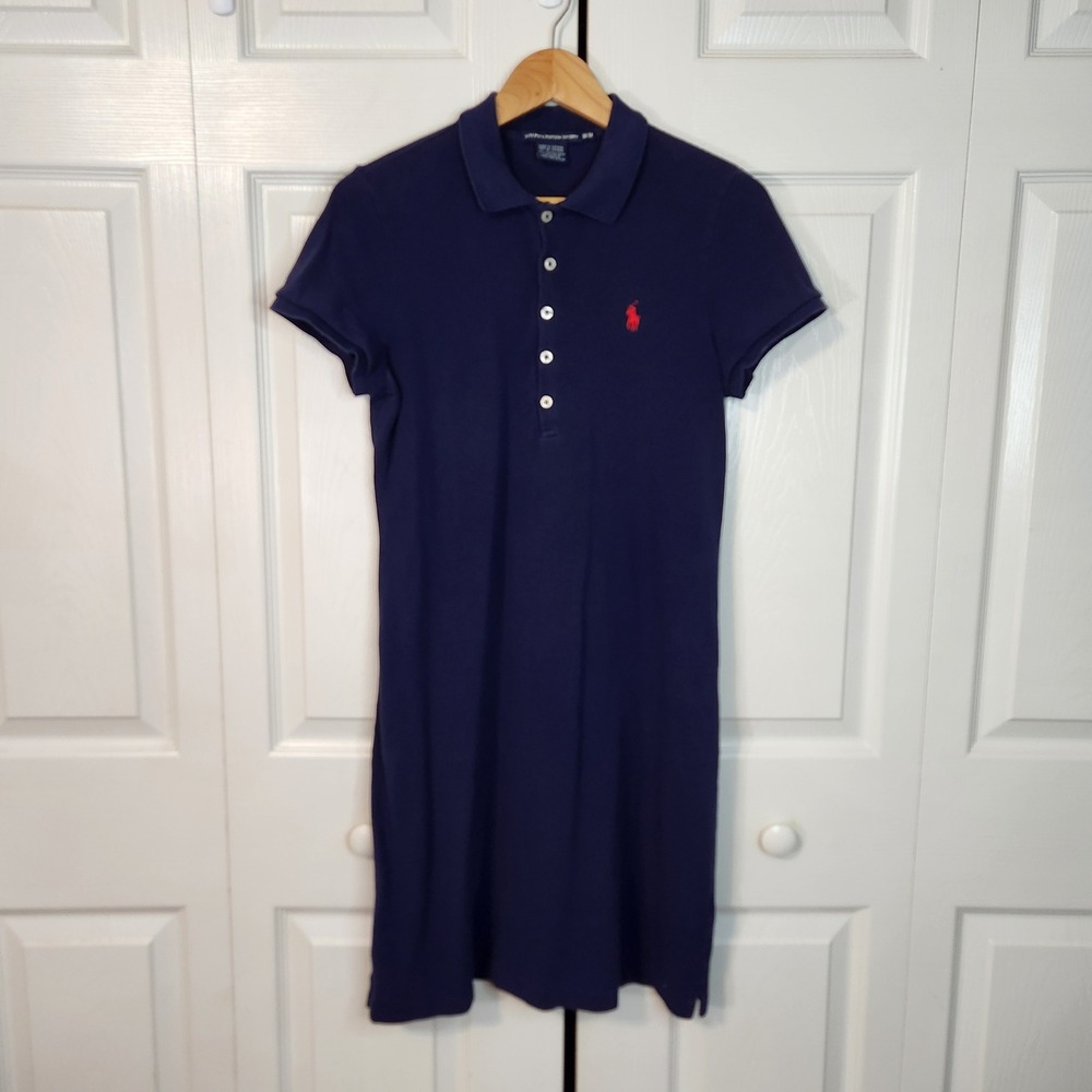 Ralph Lauren Sport Navy Blue Cotton Pique Polo Dress Red Pony Logo Medium Preppy